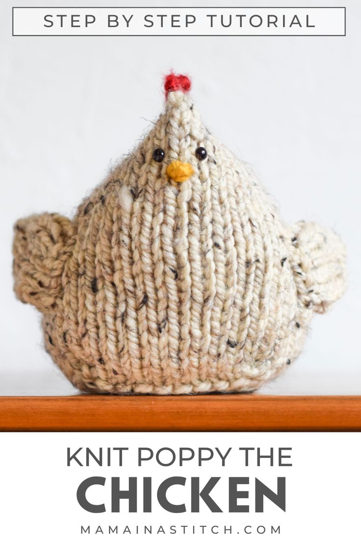 ADorable free knitting pattern for a plush chicken. Knit in a tweedy light grey yarn, with small safety eyes and a yellow beak.